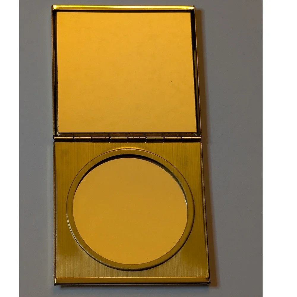 Vintage Gold Tone Cityscape w Moon Marquetry Resin Square Makeup Compact Mirror